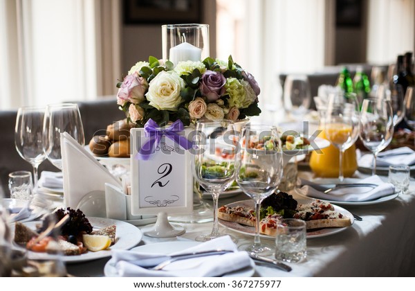 Elegant Table Arrangement Catering Wedding Reception Stock Photo