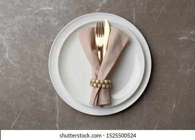 Elegant Table Setting On Marble Background, Top View