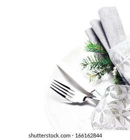 Elegant Table Setting Place With Festive Decorations On White Plate With Silver Ribbon Isolated On White Background, Close Up.