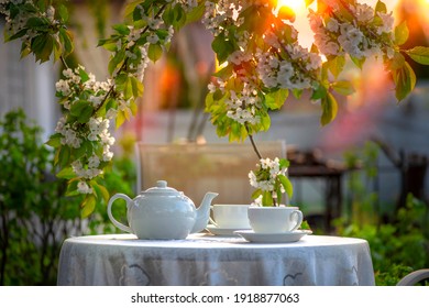 Elegant tea set on a lace tablecloth in sunlight. Outdoor brunch spring mood. - Powered by Shutterstock