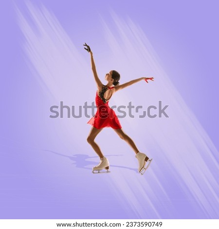 Elegant teen girl, beautiful dancer making performance. Figure skating activity. Creative design. Concept of winter sport, art, choreography, performance. Poster, ad