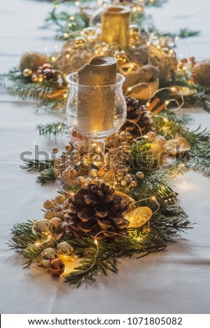 Elegant traditional christmas table decorations. Top angle view