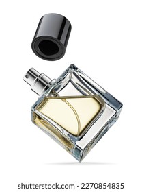 Elegant transparent bottle of yellow perfume with black lid isolated on a white background. Levitation. No people. - Shutterstock ID 2270854835