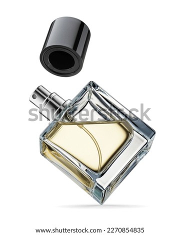 Elegant transparent bottle of yellow perfume with black lid isolated on a white background. Levitation. No people.