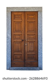 Elegante puerta de madera doble de Antiguas con el marco del granito, aislado en el fondo blanco