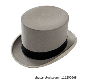 Elegant Vintage Gray Wool Felt Top Hat With Black Hat Band. Grosgrain Ribbon Trim Around Rolled Brim. Horizontal, Isolated On White Background.