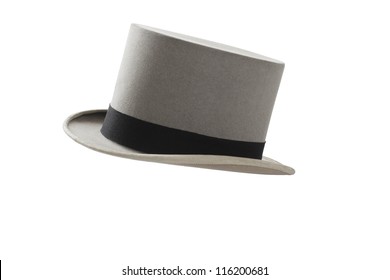 Elegant Vintage Gray Wool Felt Top Hat With Black Hat Band. Grosgrain Ribbon Trim Around Rolled Brim. Horizontal, Isolated On White Background.