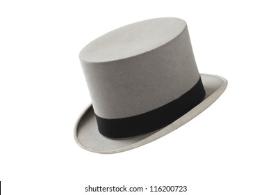 Elegant Vintage Gray Wool Felt Top Hat With Black Hat Band. Grosgrain Ribbon Trim Around Rolled Brim. Horizontal, Isolated On White Background.