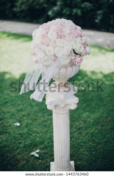 Elegant Wedding Bouquet On Column Stylish Holidays Objects