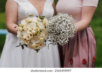 Elegant Wedding Bouquet Showcase Featuring Roses and Baby's Breath. - Powered by Shutterstock