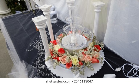 Elegant wedding decoration featuring a tiered clear fountain centerpiece adorned with red, peach, and white roses surrounded by baby's breath, set on a black and white table.
 - Powered by Shutterstock