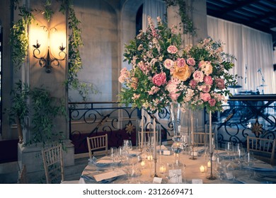 Elegant Wedding Flower Arrangements Garden Ceremony Reception Bar Nature Flowers Roses Peony Events Catering Candles Dinner Tableware Settings Glass Fountain Majestic Romantic Love Couple Engagement - Shutterstock ID 2312669471
