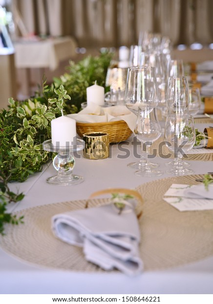 Elegant Wedding Grey Decoration Reception Greenery Stock Photo