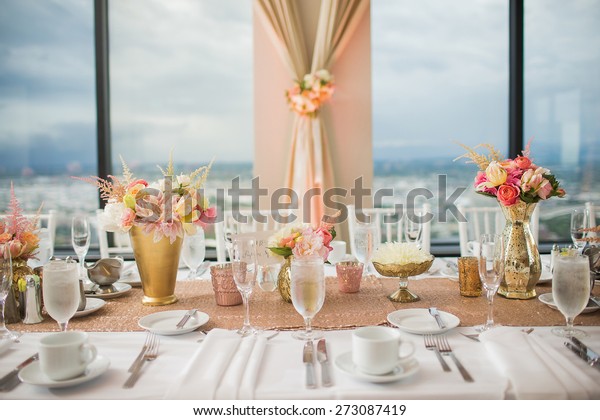 Elegant Wedding Reception Table Decor Centerpieces Stock Photo