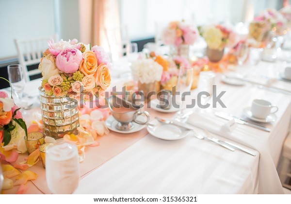 Elegant Wedding Reception Table Decor Centerpieces Stock Photo