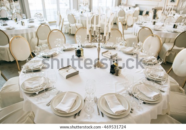 Elegant Wedding Reception White Table Arrangement Stock Photo