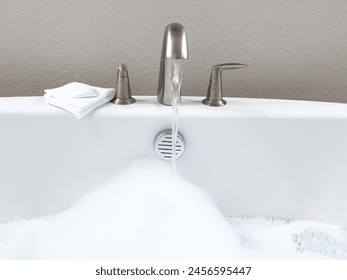 Elegant white bathtub filled with water, featuring a sleek brushed nickel faucet with water flowing gently into the tub. The bathtub modern design and the clear, tranquil water suggest a peaceful - Powered by Shutterstock