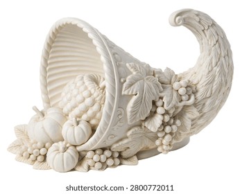 An elegant white ceramic cornucopia filled with sculpted pumpkins and grapes, perfect for Thanksgiving and autumn festival decorations. The ornate horn of plenty is isolated on a transparent background for versatile commercial use.