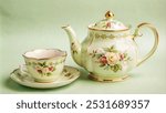 Elegant white and gold tea pot set with floral pattern