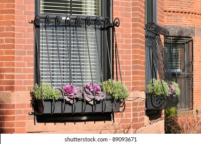 Elegant window grill on brownstone house