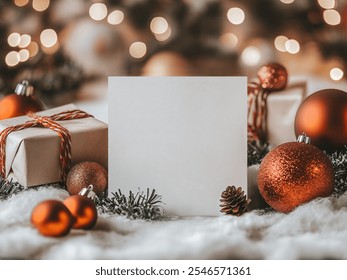 Elegant Winter Mockup with Blank Card, Snowy Pinecones, and Warm Bokeh Lights – Ideal for Holiday Celebrations and Seasonal Invitations - Powered by Shutterstock