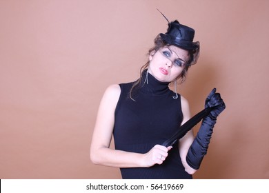 Elegant Woman With Black Satin Gloves