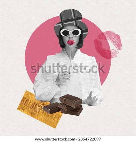 Elegant woman in cylinder hat and sunglasses standing with chocolate. Golden ticket to fantastic sweets factory. Contemporary art collage. Concept of creativity, surrealism, remake, inspiration. Ad