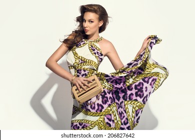 Elegant Woman In Fancy Dress Posing With Handbag At The Studio. Cheetah Pattern 