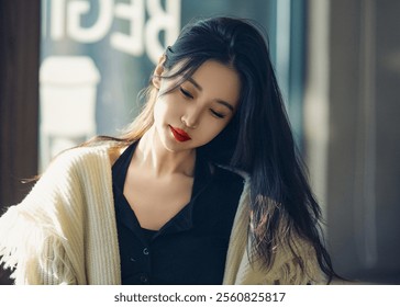 Elegant Woman in Soft Lighting Wearing a Cozy Shawl, Exuding Grace and Tranquility in a Relaxed Indoor Setting. - Powered by Shutterstock