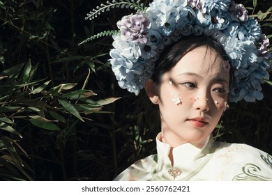 Elegant Woman in Traditional Attire with Floral Headpiece amidst Nature. - Powered by Shutterstock