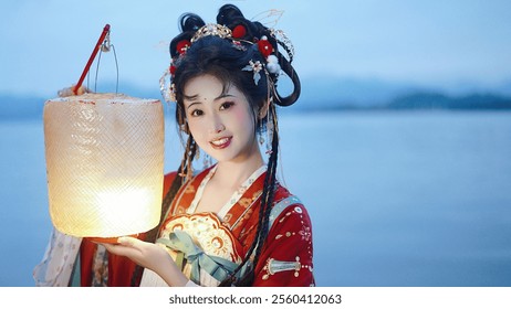 Elegant Woman in Traditional Hanfu Holding a Lantern by a Serene Lake at Twilight – Captivating Cultural Beauty and Festive Atmosphere. - Powered by Shutterstock