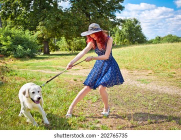 Elegant Woman Walking Her Big Dog In The Park,  Serbia.