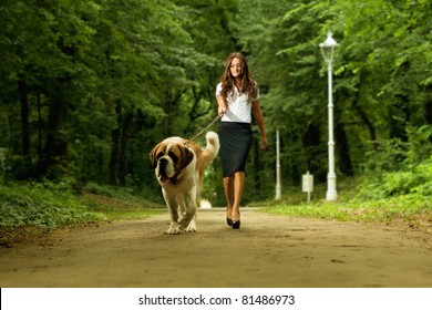 Elegant Woman Walking Her Big Dog In The Park