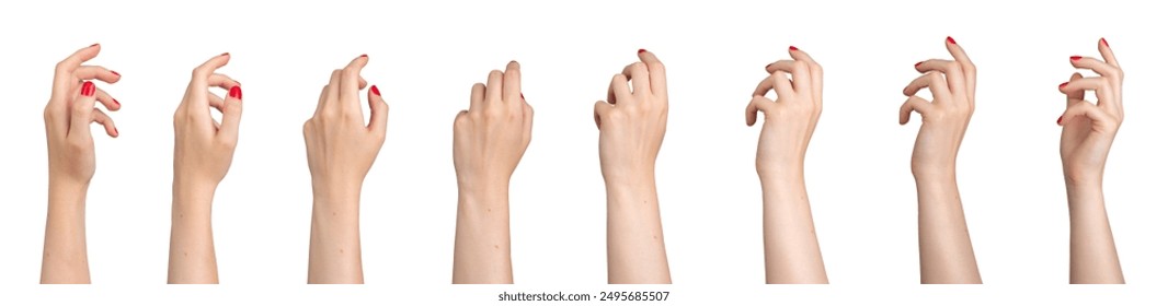 Elegant women hand gesturing, turning arm, touching tender, set isolated on white background.. - Powered by Shutterstock