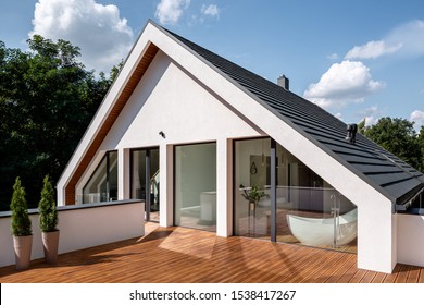 Elegant Wooden Home Terrace With Balcony Doors From Bathroom And Bedroom