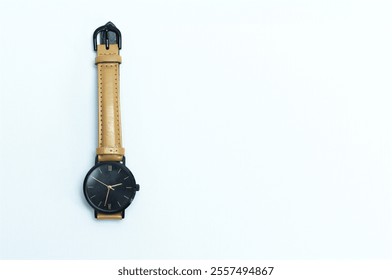 Elegant Wristwatch With Tan Strap On Minimal White Background - Powered by Shutterstock