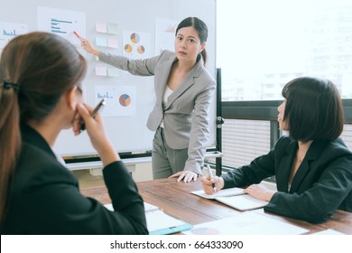 Elegant Young Business Woman Giving Presentation Company Report Graph To Colleagues In Modern Office On Whiteboard And Looking At Camera.