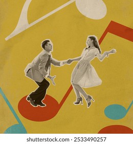 Elegant young couple captured in mid-swing during dance. Warm, vibrant background and period clothing reflect 1950s retro aesthetics. Creative art. Concept of retro aesthetic, vintage dance, nostalgia - Powered by Shutterstock