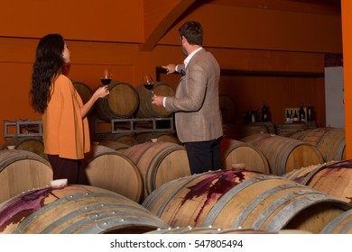 Elegant Young Couple Wine Tasting Sightseeing Tour Visiting Winery Cellar