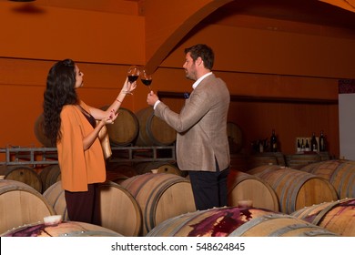 Elegant Young Couple Wine Tasting Sightseeing Tour Visiting Winery Cellar