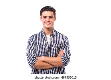 Elegant Young Handsome Man With Crossed Hands In Shirt.