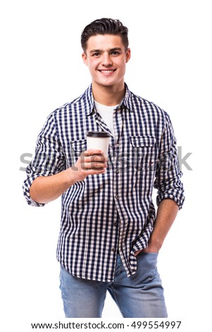 Elegant young handsome man drink coffee in shirt on white.