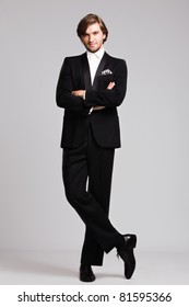 Elegant Young Man In Black Tuxedo, Full Body Shot,  Studio Shot