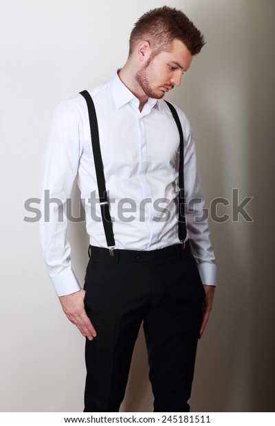 white long sleeve polo with suspender