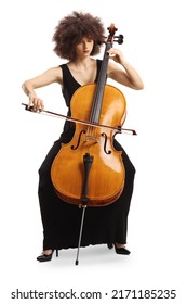 Elegant young woman in a black dress playing a contrabass isolated on white background