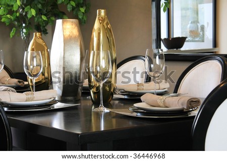 Elegantly set dining room table.