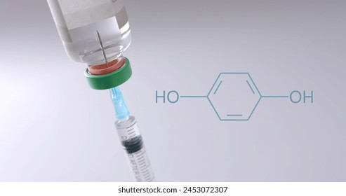 Element structure diagram over syringe in vaccine vial. Science, medical research, medicine, virus, vaccination, healthcare and prevention, digitally generated image. - Powered by Shutterstock