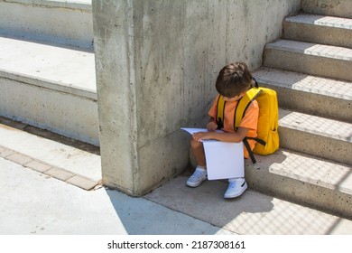 Elementary Age Child Sitting On The Stairs Of School Building Doing Homework. Image With Copy Space