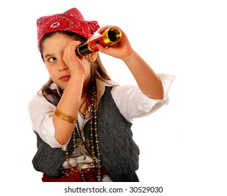 An elementary "pirate" peering through her spyglass.  Isolated on white. - Powered by Shutterstock