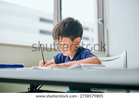 Elementary School Boy Studying and Writing Homework at Desk